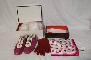 lot 30 image: Coach Designer Set Fuchsia Sneakers Size 8.5, Red Leather Gloves, Heart Print Scarf