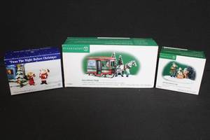 lot 83 image: Department 56 Heritage Village Collection Holiday Figurines and Dairy Delivery Sleigh, 3 Boxes