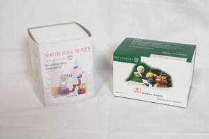 lot 95 image: Department 56 North Pole Series Figurine Lot Wee Deliver Groceries & Santa Palooza