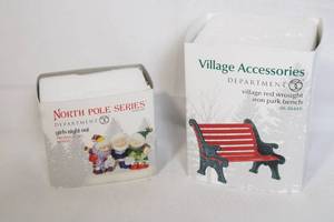 lot 98 image: Department 56 North Pole Series Girls Night Out and Village Red Wrought Iron Park Bench