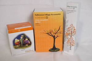 lot 120 image: Department 56 Halloween Village Accessories Lot with Candy Kids and Scary Pumpkins Lit Tree