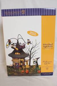 lot A-123 image: Department 56 Witch Way Flight School Halloween Gift Set with Moving Witches