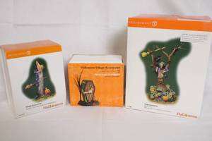 lot 144 image: Department 56 Halloween Village Accessories Set - Witch Crash and Dying to Get In Outhouse
