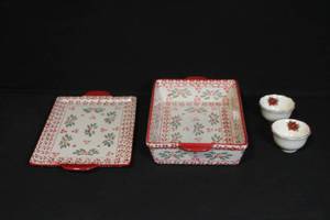 lot 177 image: Holiday Ceramic Bakeware Set with Two Ramekins, Holly Berry Design