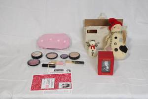 lot 181 image: Cosmetic Set with Pink Bag, Holiday Decor, and Daytons SANTABEAR Collectible