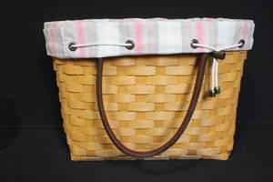 lot 185 image: Longaberger Handwoven Basket with Liner and Leather Handles