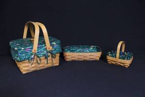 lot 186 image: Set of 3 Longaberger Handwoven Baskets with Floral Liners and Lids