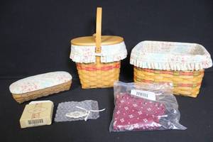 lot 187 image: Longaberger Handwoven Basket Set with Liners, Lids, and Accessories