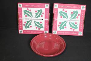 lot 210 image: Set of 3 Longaberger Pottery Traditional Holly Pie Plates with Boxes