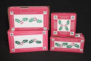 lot 214 image: Longaberger Pottery Traditional Holly Holiday Serveware Set with Boxes