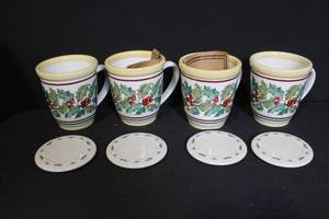 lot 216 image: Set of 4 Longaberger Holly Holiday Mugs with Matching Lids