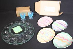 lot 219 image: Longaberger Easter Egg Snack Plates, Glass Egg Plate, and Blue Egg Cups Set