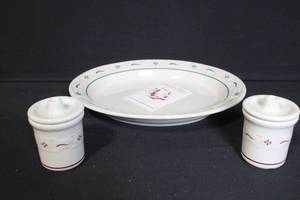lot 220 image: Longaberger Pottery Platter and Set of 2 Condiment Crocks with Lids