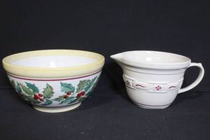 lot 223 image: Longaberger Pottery Holly Bowl and Heritage Creamer Set
