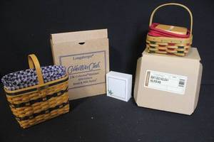 lot 228 image: Longaberger Collector Baskets Lot with Liners, Lids, and Boxes