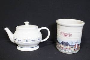 lot 236 image: Longaberger Pottery Teapot with Lid and Homestead Utensil Crock in Original Boxes