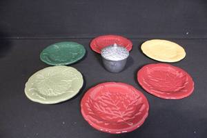lot 240 image: Longaberger Falling Leaves Pottery Leaf Plates and Metalware Acorn Set