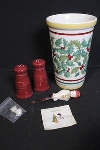 lot 264 image: Longaberger American Holly Vase, Tall Salt & Pepper Shakers, and Holiday Spreader Set
