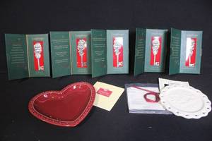 lot 271 image: Longaberger Holiday Collection with 5 Pewter Santa Keys, Pottery Heart Plate, and Candle Plate