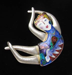 lot 1 image: Outstanding Large Signed Figural Modernist Sterling Silver Cloisonn Brooch by CR Dunetz 