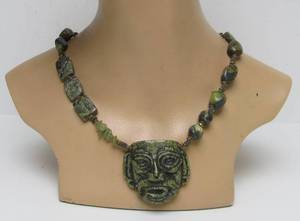 lot 14 image: Large & Impressive AztecMayan Style Carved Green Stone Pendant Necklace wCarved Stone Beads