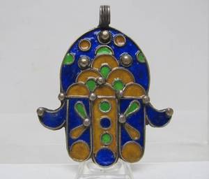 lot 39 image: Large Antique Berber Enameled Hamsa Hand Pendant