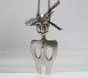 lot 54 image: Signed Sterling Silver Alaskan Masked Figure Pendant Necklace by Jessica Felix
