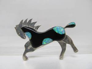 lot 66 image: Signed Native American Sterling Silver Horse Brooch Pendant wJet Stone & Opal