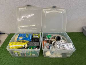 lot 106 image: Small Tote of Plumbing Supplies & Small Tote of Steel WoolPipe Wrap