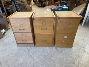 lot 168 image: 3 Wood 2 Drawer File Cabinets with Locks & Keys