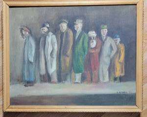 lot 14 image: Men in Line Original Acrylic on Board Signed D. Hofman 1967