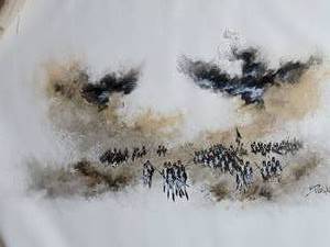 lot 306 image: French Soldiers in the Mist Unframed Acrylic on Canvas Signed Brandon