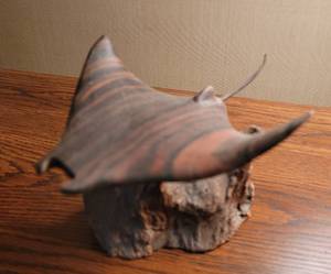 lot 359 image: Hand Carved Manta Ray Wood Sculpture