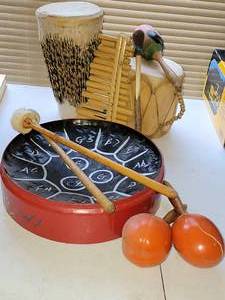 lot 375 image: Instrument Collection  African Drums  Pan Flute  Tin Drum