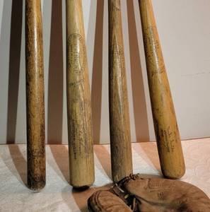lot 410 image: Vintage Wooden Baseball Bats and Catchers Mitt