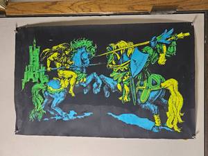 lot 164C image: Vintage 1970s Blacklight Poster  Medieval Knight on Horseback  Fluorescent Neon Art