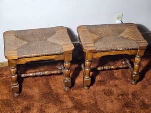 lot 430 image: Pair of Vintage Oak Rush Seat Stools
