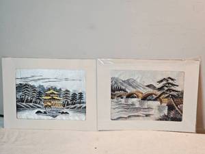 lot 433A image: Set of 2 Vintage Japanese Silk Embroidery Scenes  Pagoda & Arched Bridge  Matted Artworks