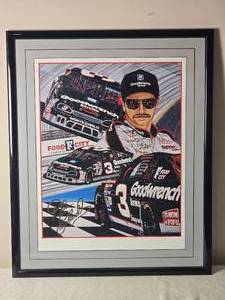 lot 47 image: AUTOGRAPH DALE EARNHARDT - Framed Dale Earnhardt Illustrated Print  Goodwrench #3 Monte Carlo