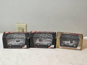 lot 200E image: Lot of 3 Brumm 143 Mercedes Racing Models  300 SLR Le Mans  Mille Miglia & W125 Grand Prix  Made in Italy (Boxed)