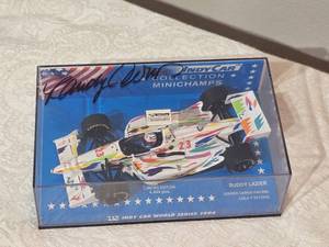 lot 201G image: Autographed Minichamps 143 Buddy Lazier IndyCar  Limited Edition (4,444 pcs)  Leader Cards Racing Lola T93 Ford  Signed Display Case