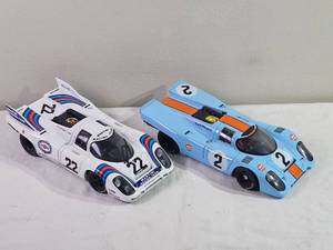 lot 104F image: Pair of 118 Porsche 917 Die-Cast Racers  Gulf #2 & Martini #22 (Universal Hobbies  UT-Style Build)
