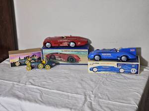 lot 204B image: Vintage Tin Wind-Up Racing Car Trio  Schylling Bluebird & Sunbeam Land Speed Record Cars  Bugatti T-35 Racer  Original Boxes & COA