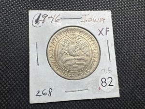 lot 82 image: 1946 Iowa Commem. Silver Half Dollar - Marked XF When Purchased -  Greysheet Wholesale Price for an XF40 is $65