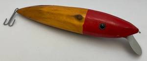 lot 28 image: Vintage 18 Wooden Lure Dcor (Wood Cracked On Bottom) Adds Character