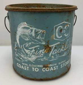 lot 32 image: Vintage Metal Coast To Coast Stores Fine Tackle Minnow Bucket (Missing Lid) But Cool Man Cave Item