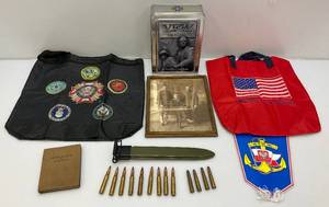 lot 44 image: Misc. Military Related Collectibles Including Military Knife Sheath And More