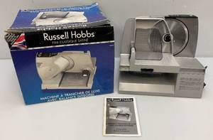 lot 51 image: Russel Hobbs Classic Satin  Deluxe Food Slicer With Portion Scale (NIB)