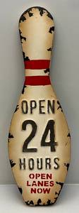 lot 166 image: 27 Metal Bowling Pin Open 24 Hours Open Lanes Now Sign
