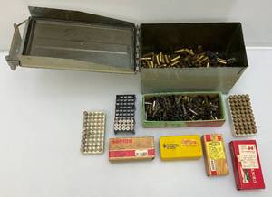lot 174 image: Vintage Ammo Box With Misc. Ammo Brass Casings And More